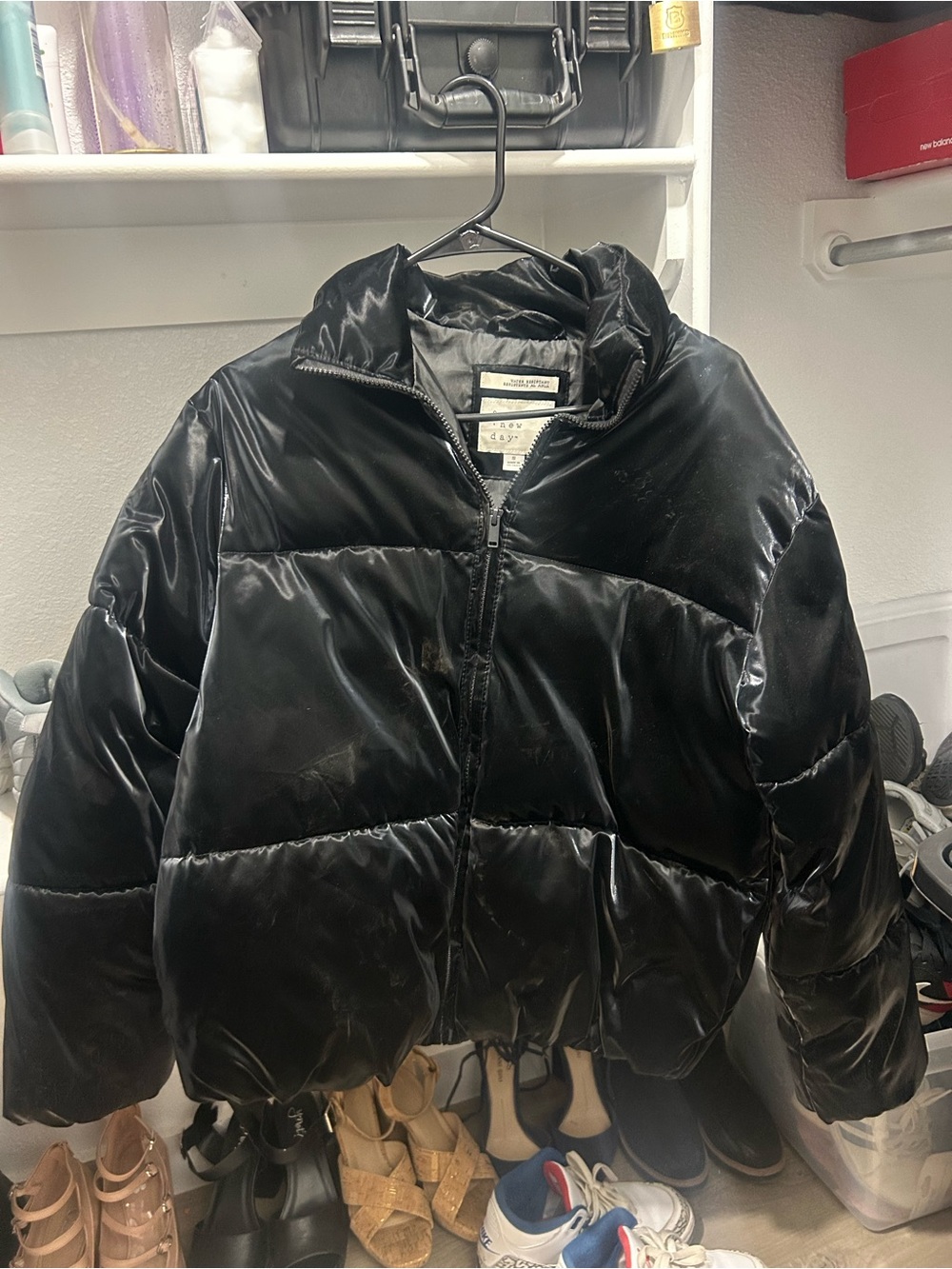 a new day Black Shiny Quilted Puffer Jacket